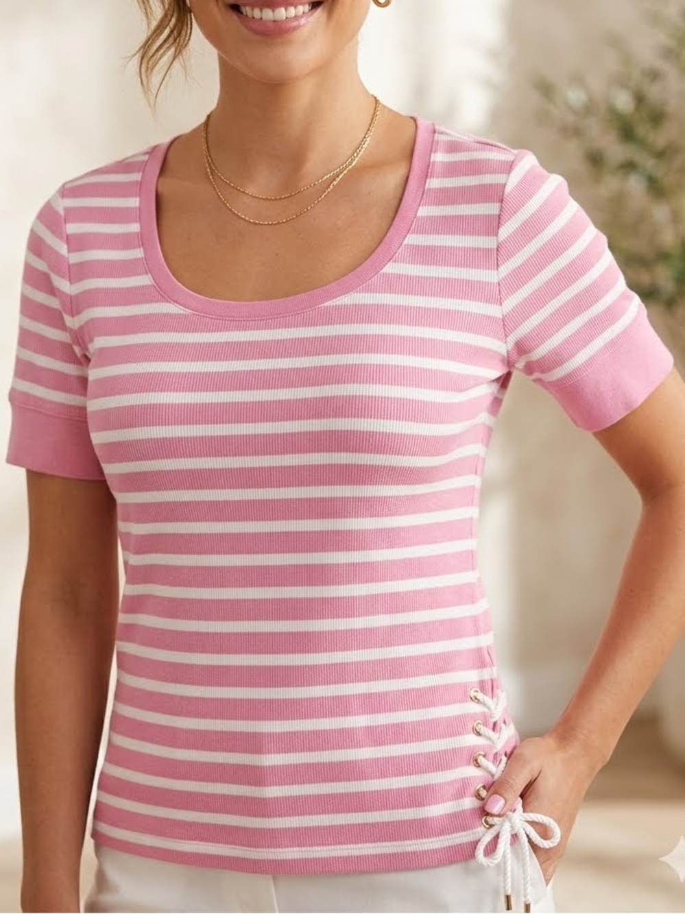 Chaps Classics T-Shirt Pink White ribbed scoop neck nautical NWT casual large